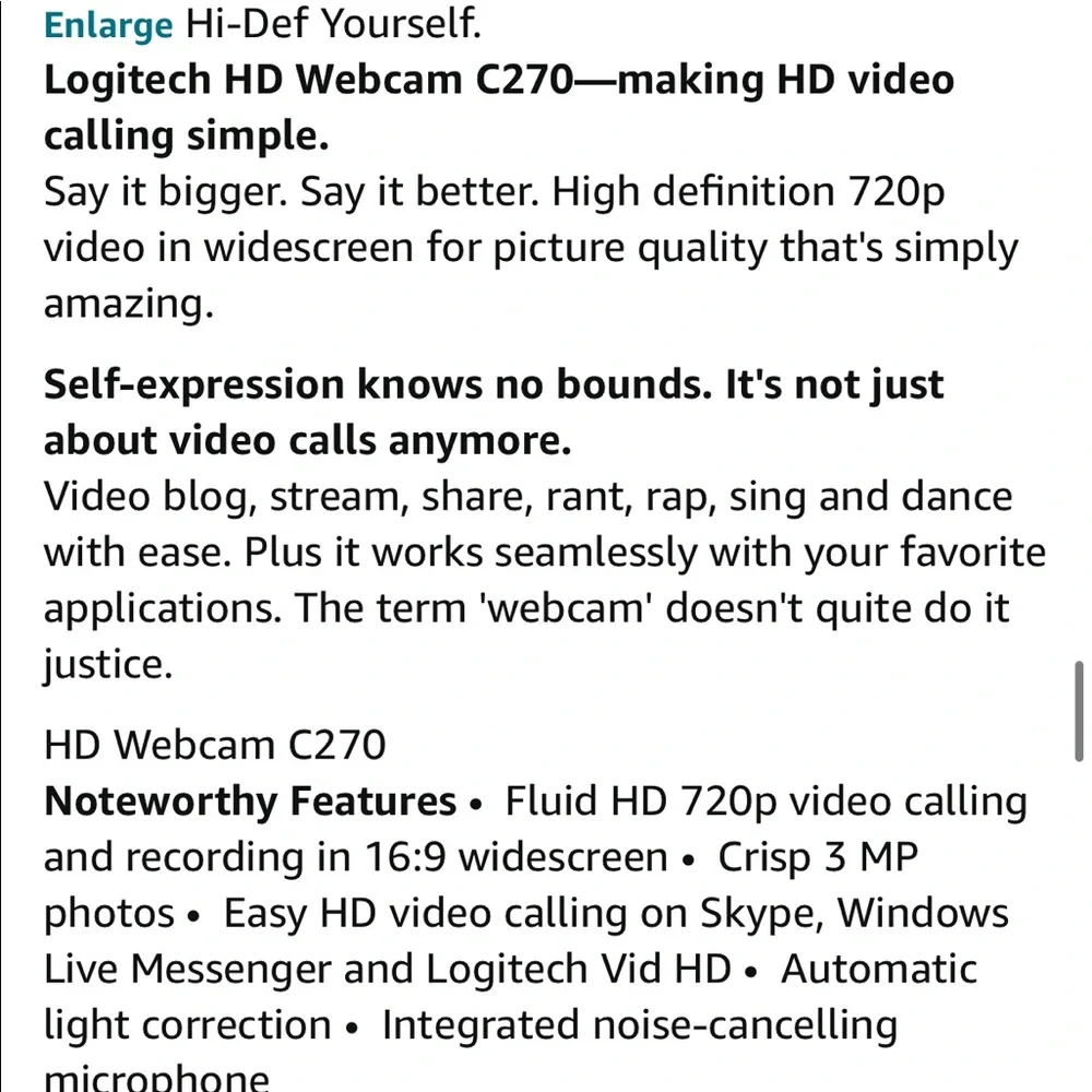 ✨Logitech C270 HD Webcam-HD 720p Widescreen HD Video Calling HD Light Correction